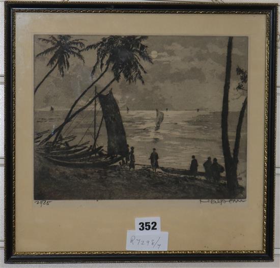 Frederick Halpern, etching with aquatint, coastal scene, Colombo from Mount Lavinia, signed, 21/25, 8 x 10in.